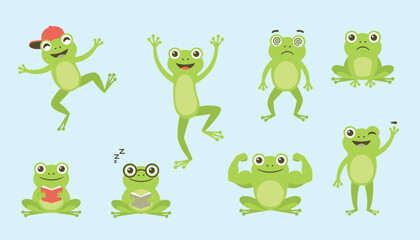 Fototapeta premium Set of cute green cartoon frogs demonstrating various fun poses, expressions, and activities like reading and sleeping.