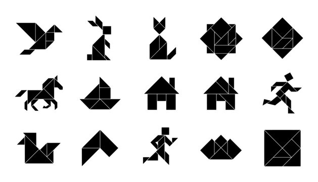 Set of tangram puzzles in various shapes including animals, people, buildings, and abstract geometric forms