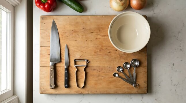 Kitchen knives and measuring spoons on a wooden cutting board for food preparation in a bright home kitchen. kitchen basics for beginners
