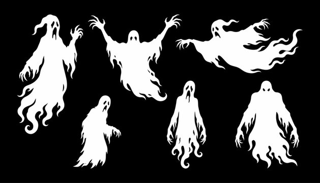 Set of scary ghosts silhouettes, spooky spirits with tattered edges, various poses of phantoms for halloween design elements
