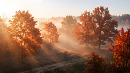 Fototapeta premium Sunlight rays piercing through foggy autumn forest with red trees