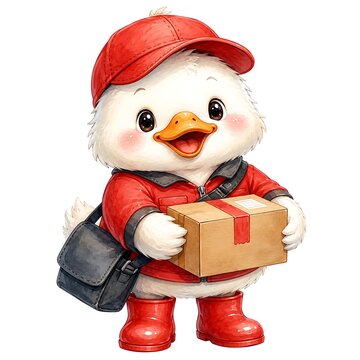 Cute baby duck mailman holding package parcel box watercolor illustration
