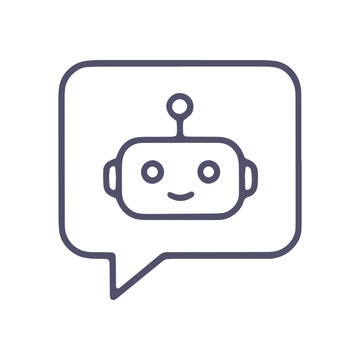Minimalist line icon of a friendly robot head inside a speech bubble for digital communication interface