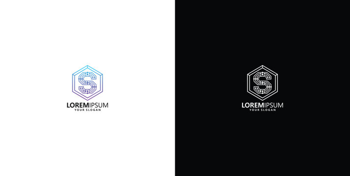 Abstract letter S tech hexagon logo with circuit patterns for modern business identity