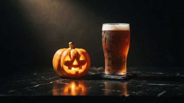 Halloween Beer with Jack-o'-Lantern on a Dark Background