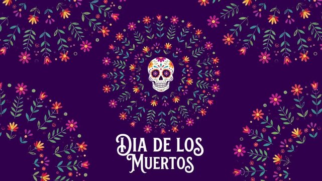 Day of the Dead (D&iacute;a de los Muertos) skull with watered flowers, 4K animated video.