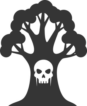 Dark spooky tree with skull shape in trunk, halloween symbol vector illustration