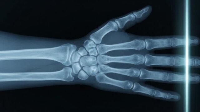 Close up X ray of a human hand showing bones joints and carpal bones in detail on a dark background