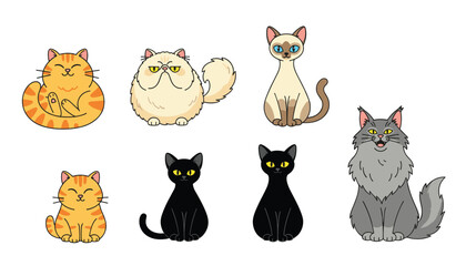 Obraz premium Cute collection of eight cartoon cats of different breeds, colors, and postures on a white background.