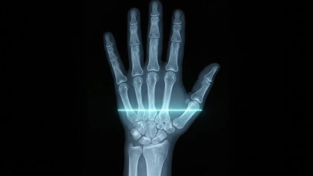 Close up X ray of a human hand showing bones and joints against a dark background medical imaging