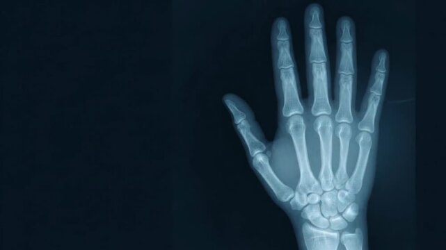 Close up X ray of a human hand showing bones and joints against a dark background medical imaging