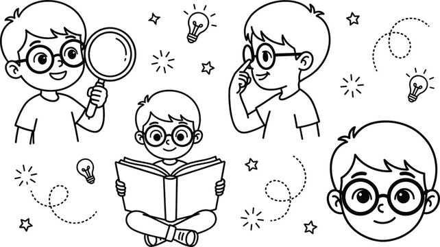 Smart boy character line art vector set featuring nerdy kid reading book holding magnifying glass and lightbulb ideas