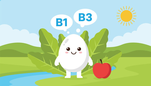 Cute cartoon egg character holding healthy food promotes natural sources of vitamins B1 and B3 in nature.