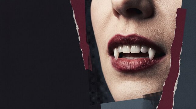Extreme close-up of realistic vampire fangs and parted burgundy lips framed by torn paper, with dramatic side light and dark copy space for Halloween editorial design