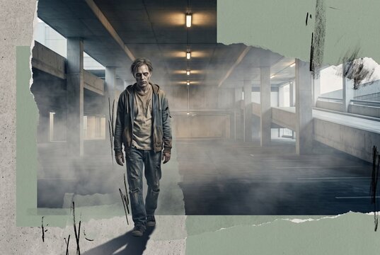 Zombie walking through a fog-filled concrete parking garage in a cinematic Halloween editorial collage with stark perspective lines and muted urban tones