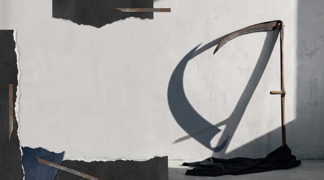 Antique scythe casting an oversized crescent shadow on a pale plaster wall with black fabric in a minimalist Halloween mortality concept collage