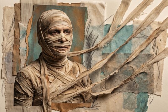 Mummy wrapped in frayed linen bandages emerges through torn paper layers in a sculptural Halloween editorial portrait with dusty turquoise and parchment tones