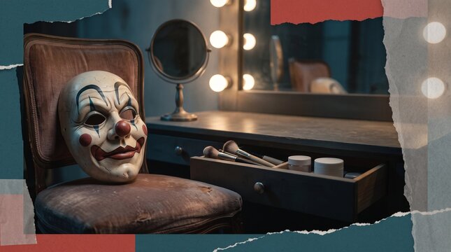 Scary clown mask resting on a worn velvet chair beside a dim vanity mirror in an abandoned dressing room, creating an eerie Halloween theatrical horror scene