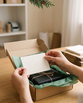 Hands holding blank greeting card over holiday unboxing experience mockup with black gift and green tissue paper