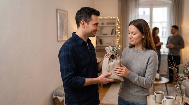 Man giving eco friendly fabric gift bag to female host at holiday gathering with copy space