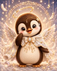Obraz premium Cute baby penguin angel with golden halo and feather wings illustration