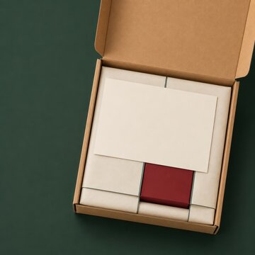 Open kraft mailer box with blank greeting card and red square box flat lay on dark green background