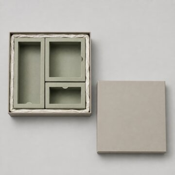 Open luxury gift box with compartment inserts and lid on light background for retail promotion