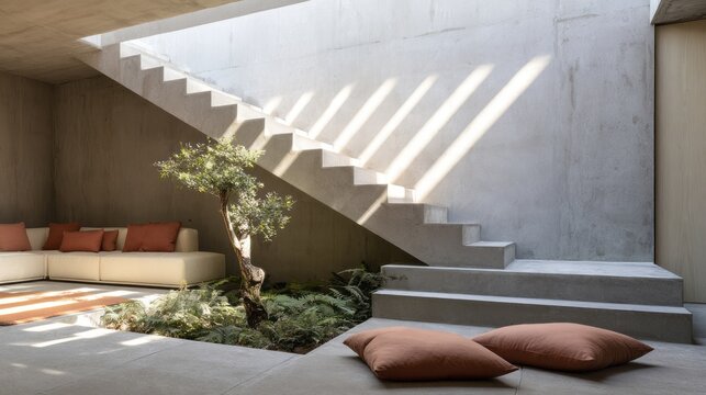 Minimalist Brutalist Living Room with Sculptural Concrete Staircase and Sunken Indoor Garden. AI generative