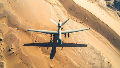 Obraz premium An aerial topdown view of a military drone flying over a desolate desert landscape. Nobody is present, evoking a sense of surveillance, modern warfare technology, and quiet, lonely isolation.