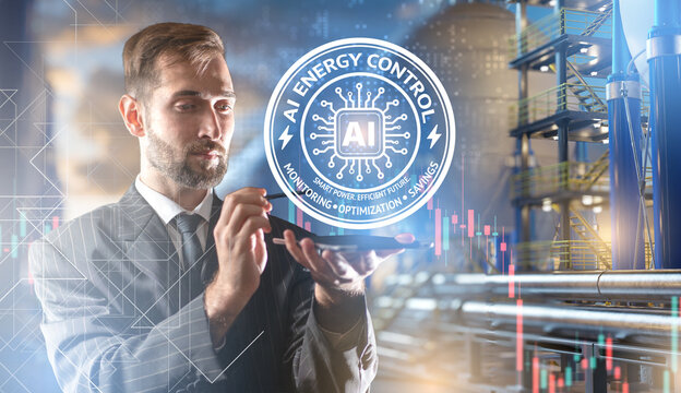 AI energy management, engineer uses artificial intelligence to monitor, optimize and control energy consumption at an industrial facility.