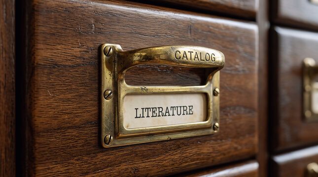 Close-up of a vintage wooden card catalog drawer labeled literature with literature