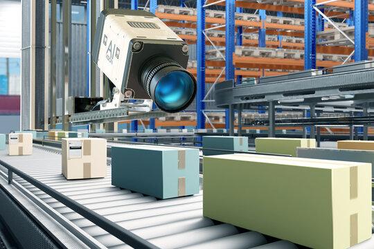 AI video camera analyzes warehouse operations, automated vision system monitors packages on conveyor belts for inspection, tracking and logistics control.