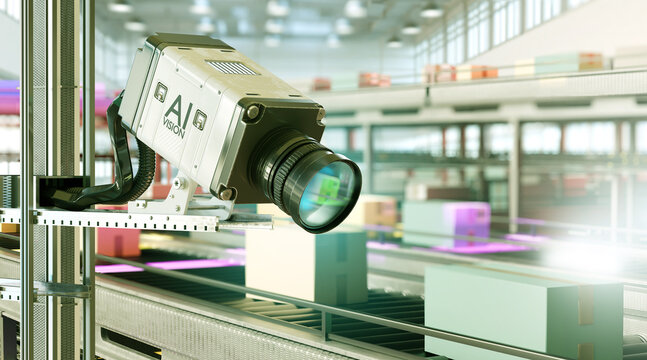 Warehouse automation, AI vision camera monitors packages on conveyor belts for automated inspection, tracking and quality control.