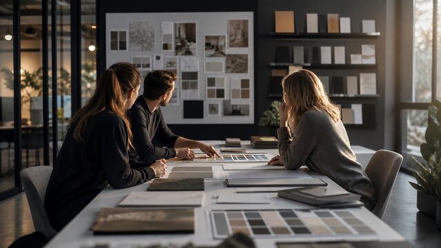 Creative team reviewing design materials in modern studio