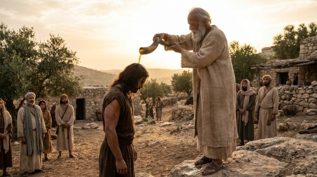 Biblical scene of an elder man pouring oil from a ram's horn onto the head of a younger man, symbolizing anointing or blessing, with other men observing in a rustic, ancient village setting at sunset