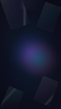 Abstract vertical glassmorphism background with floating frosted panels and soft purple gradient.