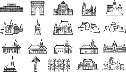Fototapeta premium A collection of graphic illustrations depict various European architectural landmarks and historical buildings.