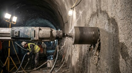 Fototapeta premium Construction worker operating a large core drilling machine to bore into a concrete wall inside a dark tunnel, illuminated by bright work lights.