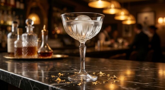 Elegant cocktail in a crystal glass with a large ice sphere on a marble bar counter in a dimly lit upscale bar or restaurant