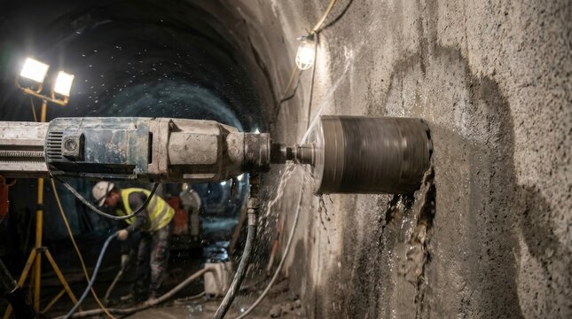 Construction worker operating a large core drilling machine to bore into a concrete wall inside a dark tunnel, illuminated by bright work lights.