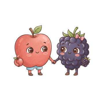 Cute cartoon apple and blackberry characters holding hands with friendly faces and happy mood