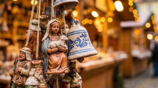 Handmade Ceramic Nativity Scene Ornaments and Bells Hanging at a Festive Christmas Market Stall