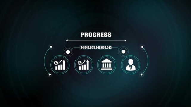Business progress financial development motion graphic, corporate growth investment concept, bank icon and idea symbol, business leader animation.
