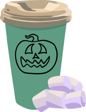 Vector isolated illustration of a takeaway drink with marshmallows. A festive hot drink for Halloween.