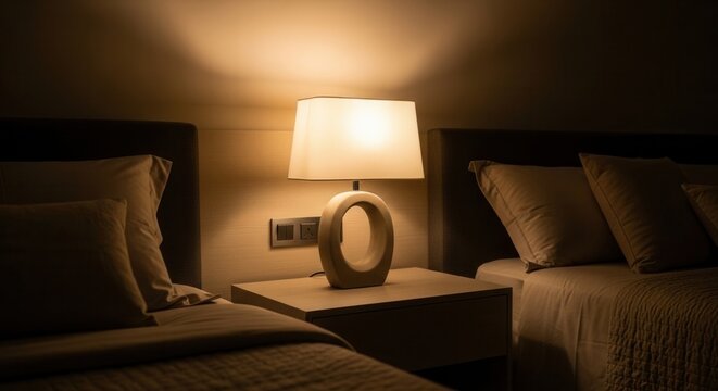 Cozy Bedroom Nighttime Scene With Table Lamp Illuminating Twin Beds
