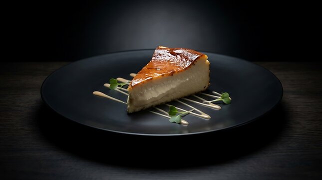 バスクチーズケーキ slice of delicious burnt basque cheesecake served on a black plate with artistic drizzle