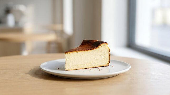 A single slice of delicious baked basque cheesecake served on a white plate on a wooden table in a cafe