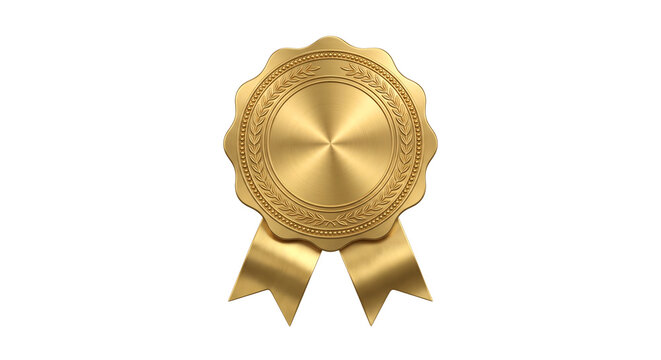 Gold medal with ribbons symbolizing achievement and award.