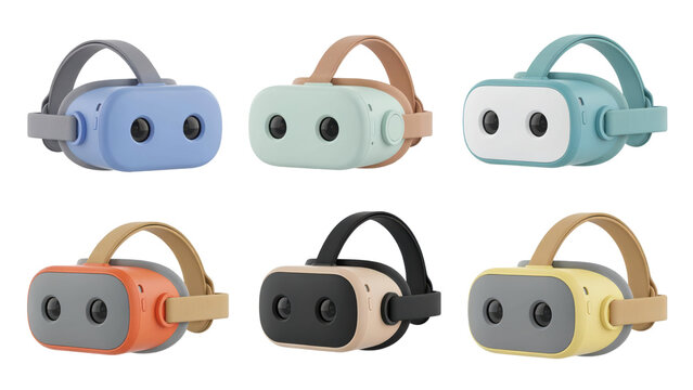 Collection of six colorful virtual reality headsets with adjustable straps and dual front lenses isolated on a transparent background
