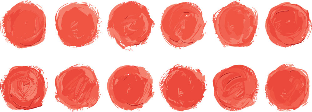  Red round brush stroke watercolor circle set hand drawn textured paint smear splash blobs collection vector graphic element